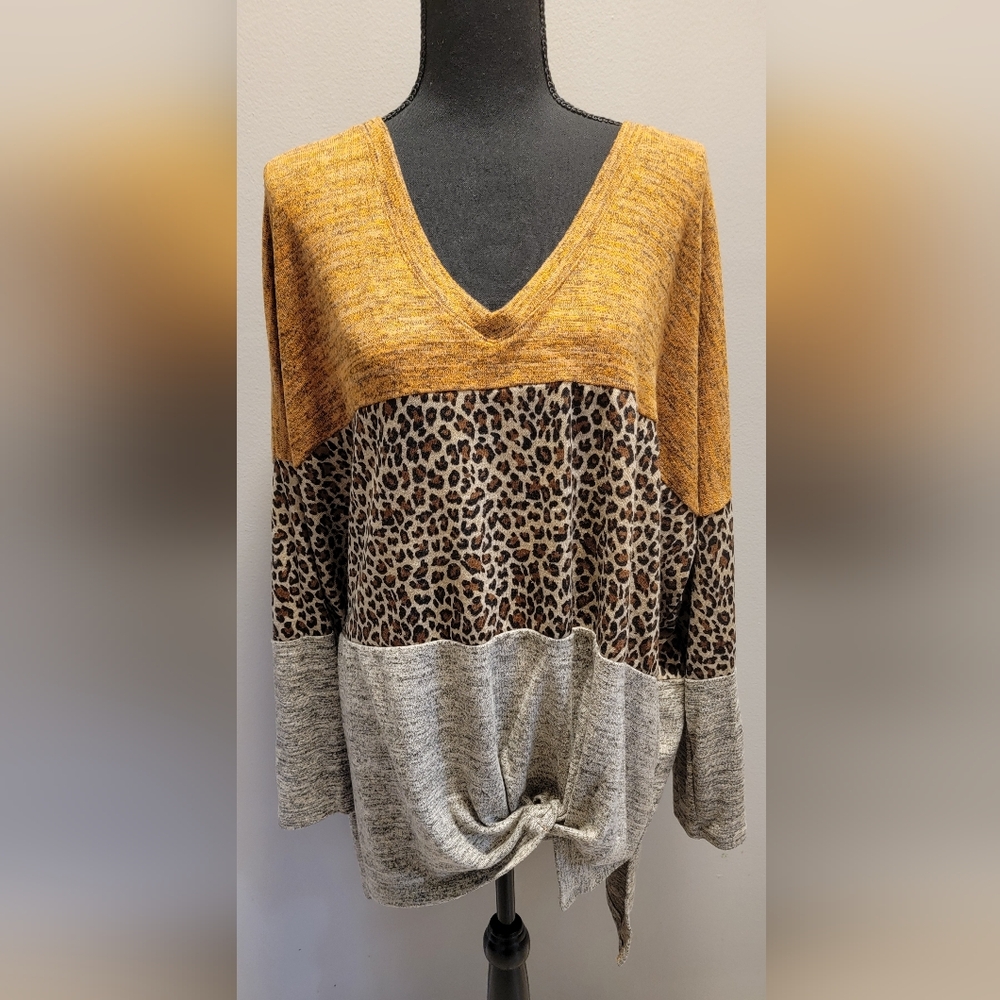 Umgee Mustard and Gray Leopard Print Sweater